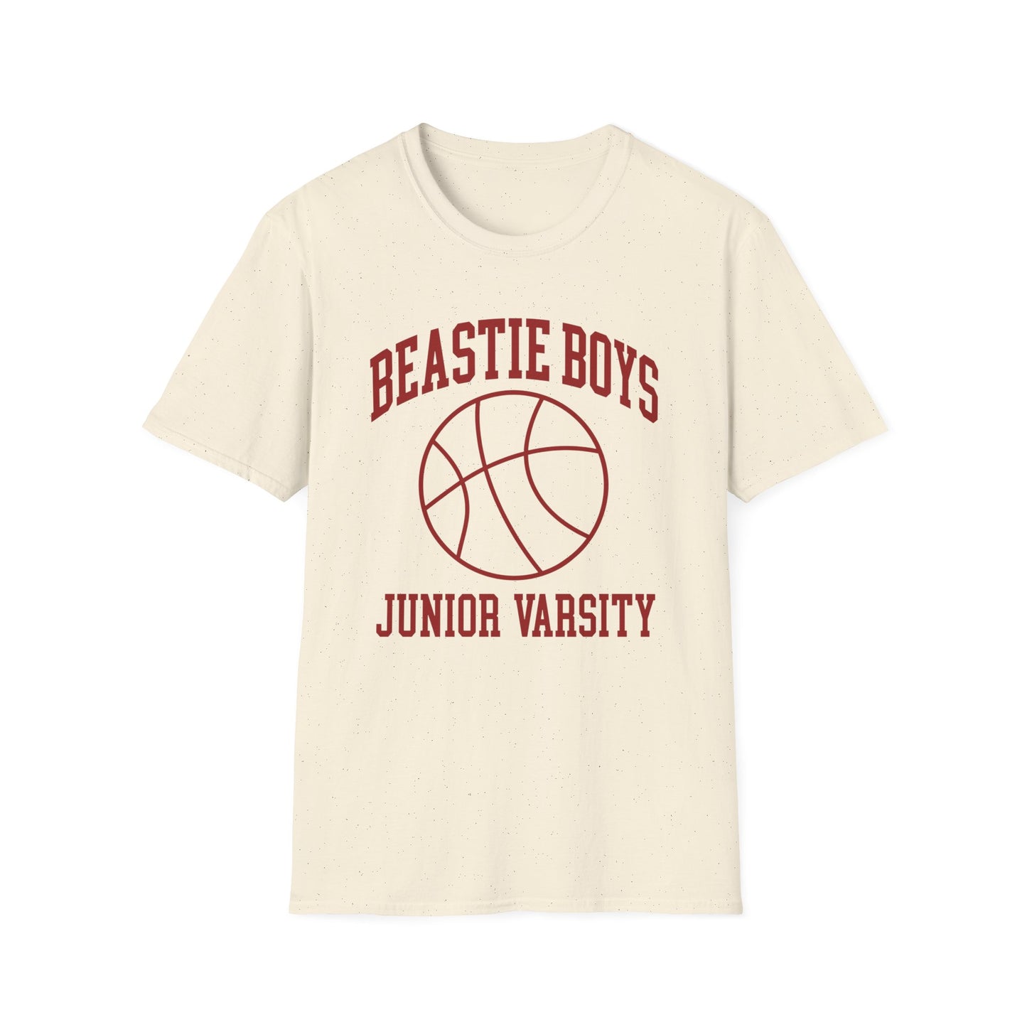 Junior Varsity text with a basketball graphic on a cream t-shirt.