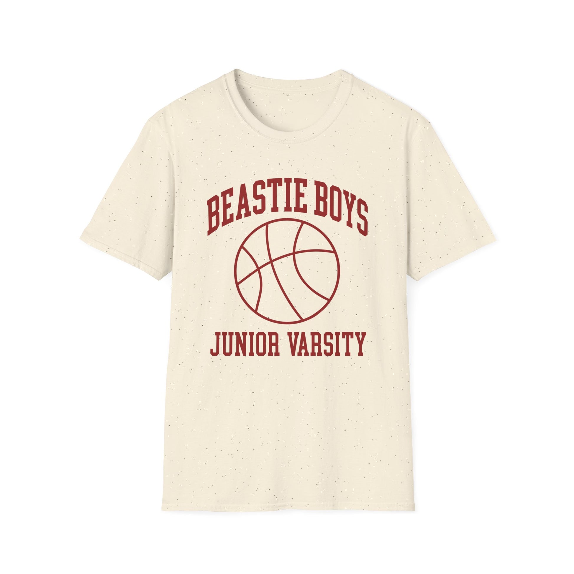 Junior Varsity text with a basketball graphic on a cream t-shirt.