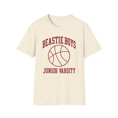 Junior Varsity text with a basketball graphic on a cream t-shirt.