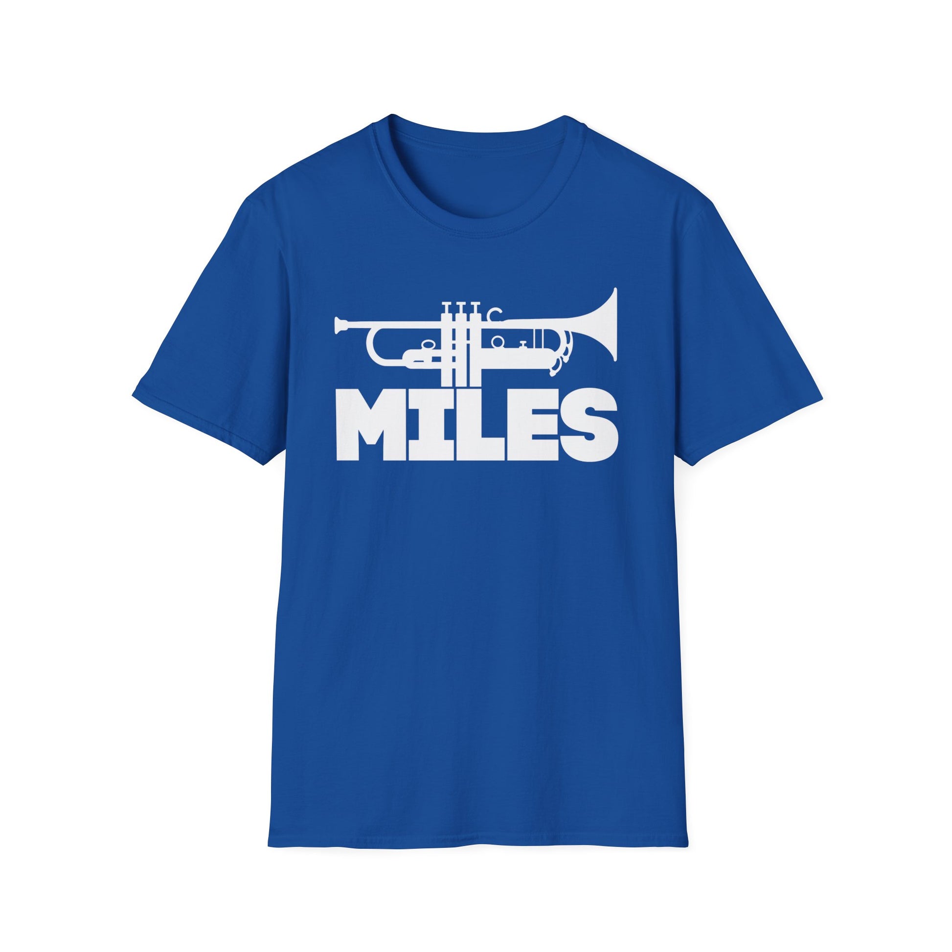 Royal blue t-shirt with white trumpet graphic and "MILES" text.