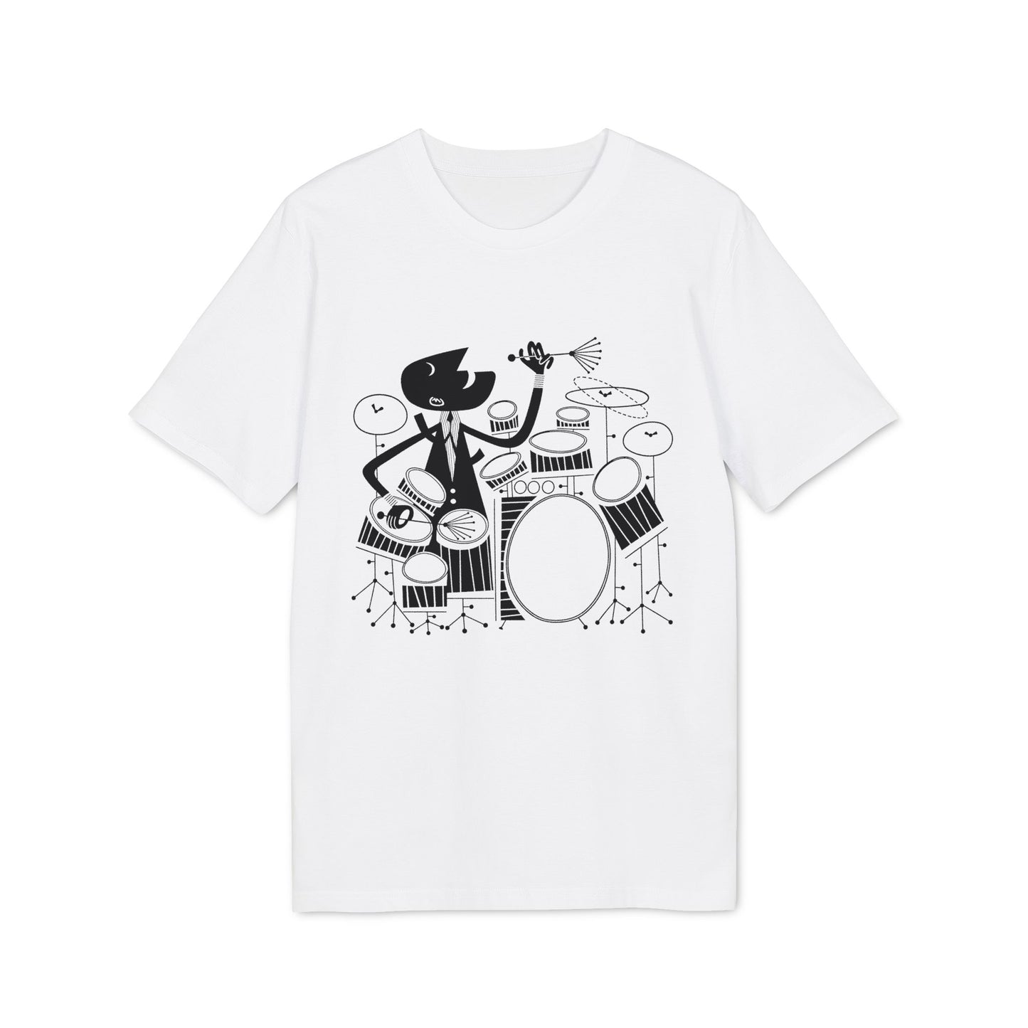 Black and white graphic of a cartoon drummer playing a drum set on a white t-shirt.