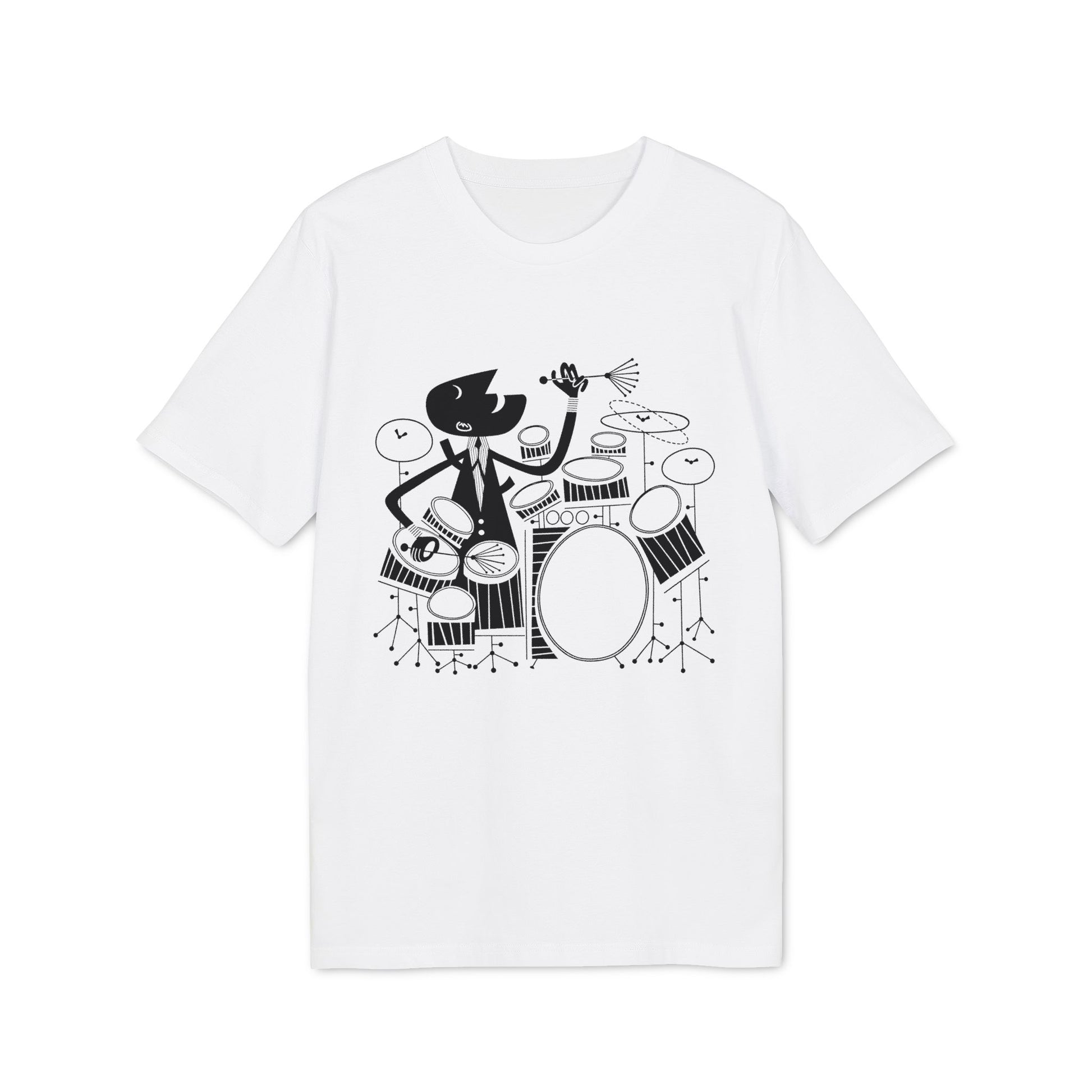 Black and white graphic of a cartoon drummer playing a drum set on a white t-shirt.