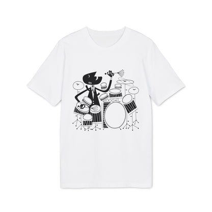 Black and white graphic of a cartoon drummer playing a drum set on a white t-shirt.