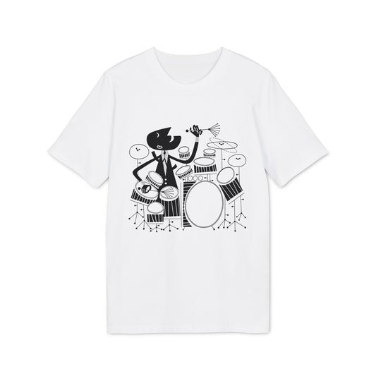 Black and white graphic of a cartoon drummer playing a drum set on a white t-shirt.