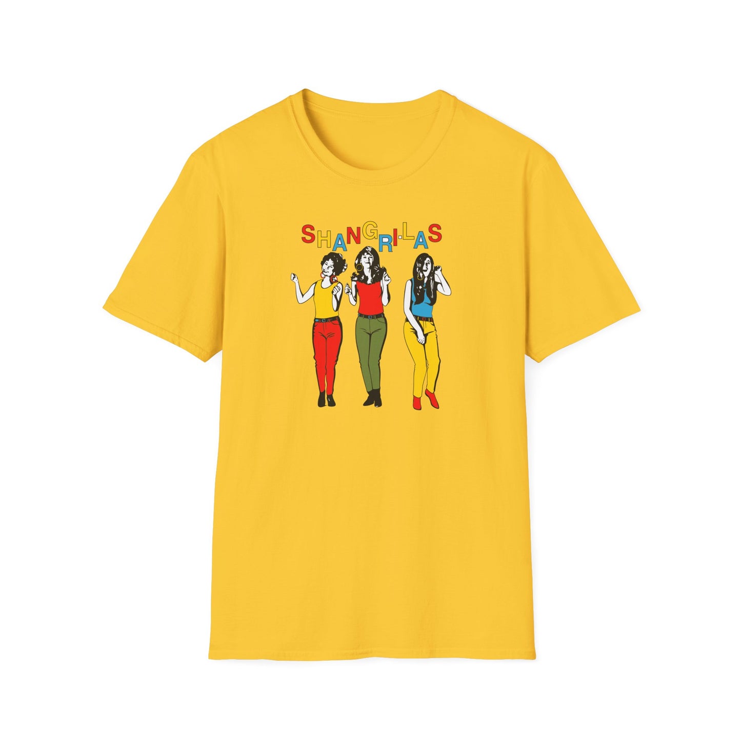 Yellow t-shirt with three women and colorful "Shangri-Las" text.