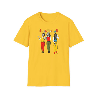 Yellow t-shirt with three women and colorful "Shangri-Las" text.