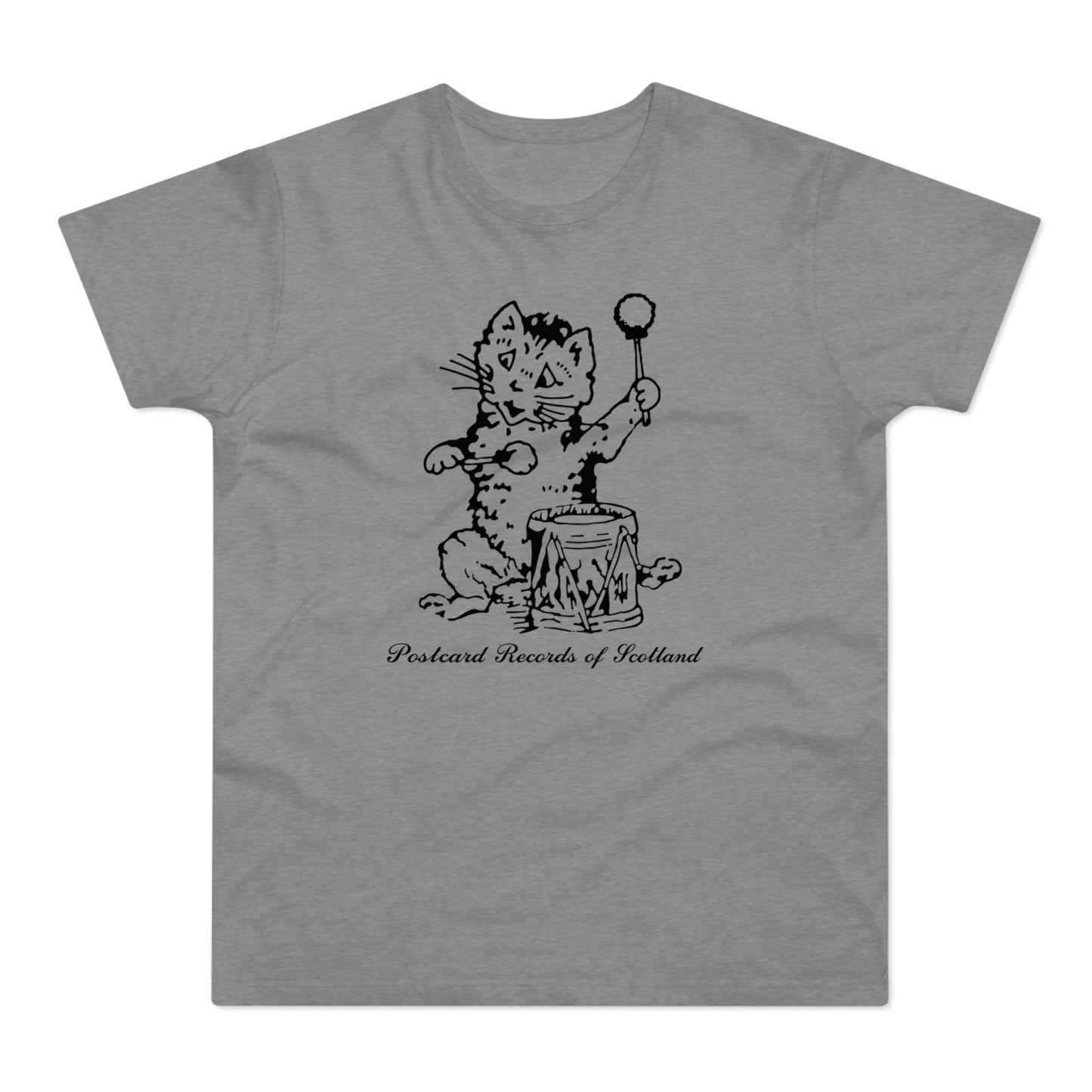 T-shirt with a black line drawing of a cat playing a drum, reading "Postcard Records of Scotland".