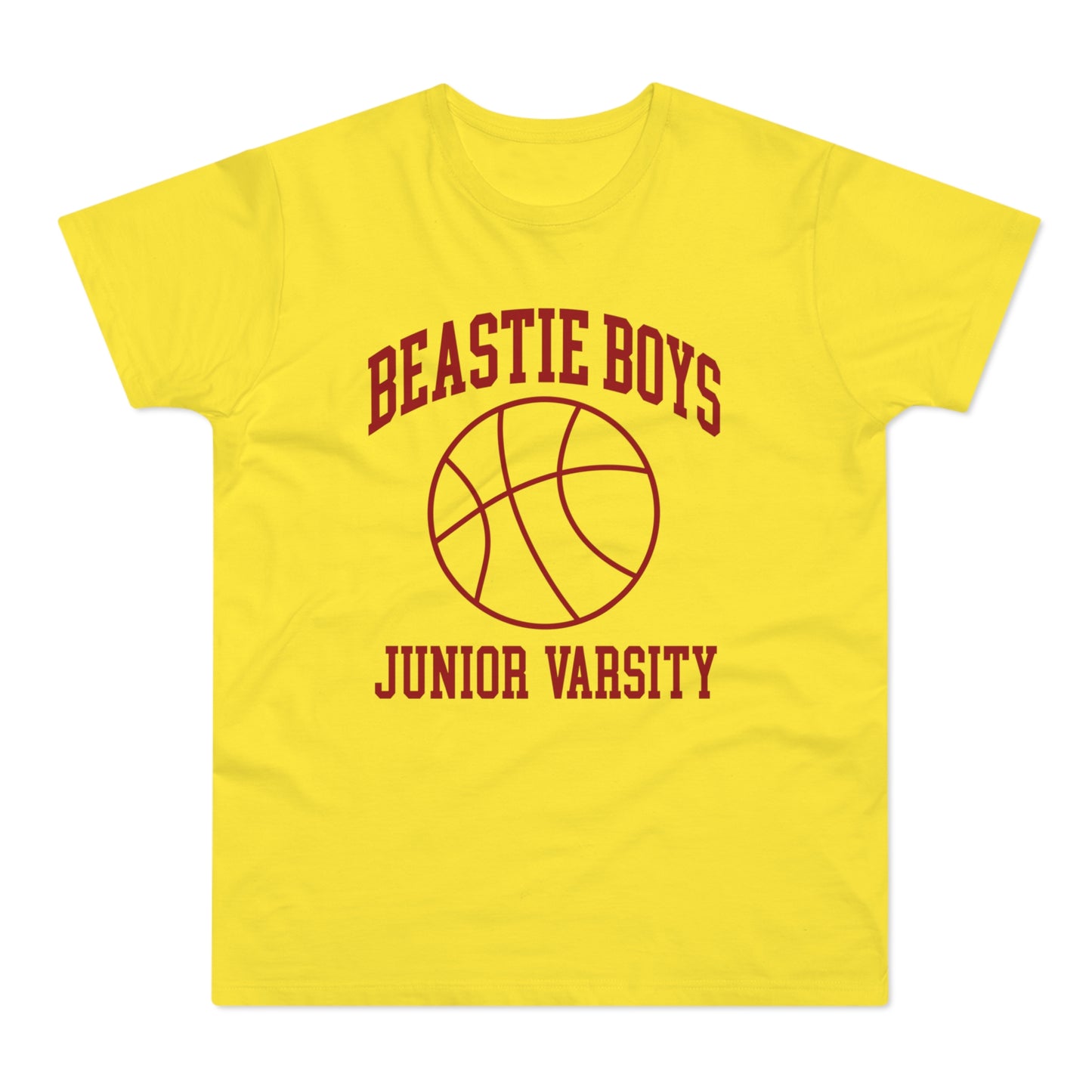 Yellow t-shirt with Beastie Boys Junior Varsity basketball graphic in maroon.