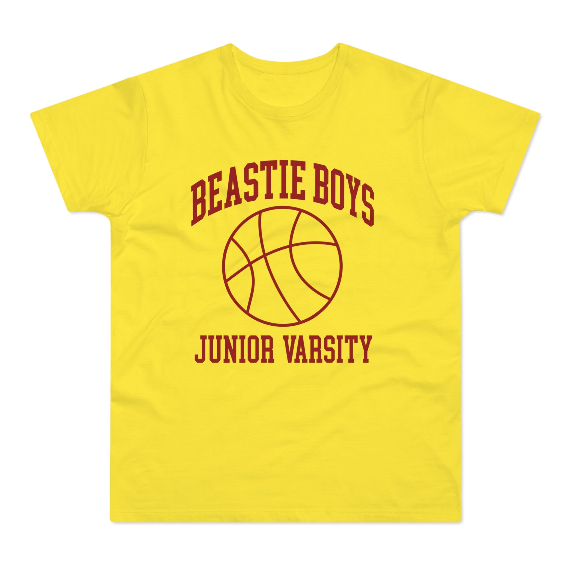 Yellow t-shirt with Beastie Boys Junior Varsity basketball graphic in maroon.