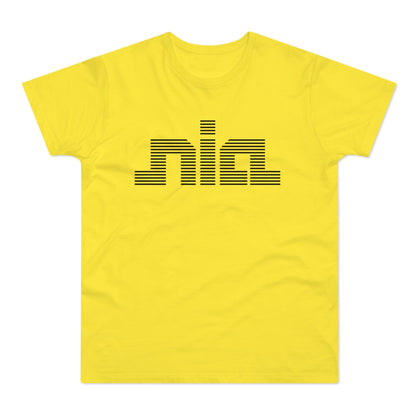 Yellow t-shirt with black horizontal striped "nia" logo on chest.