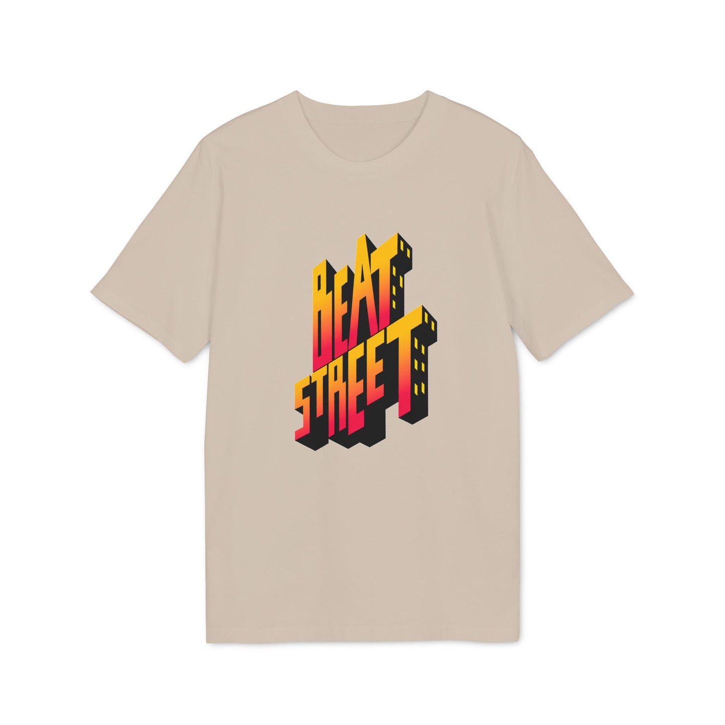 T-shirt with 3D text graphic "BEAT STREET" in yellow, red, and black.