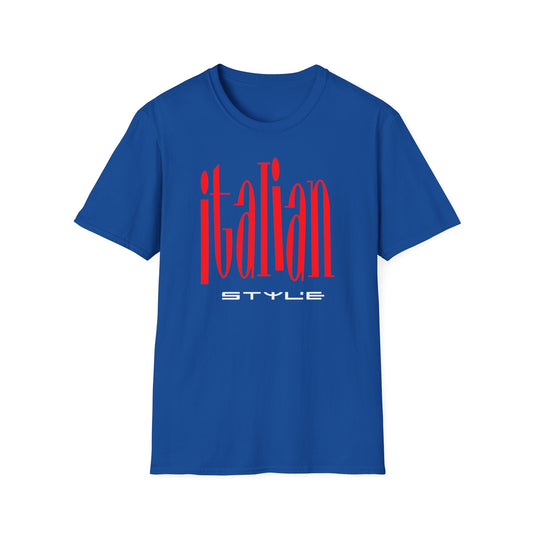 Blue t-shirt with red "Italian STYLE" text on the front.
