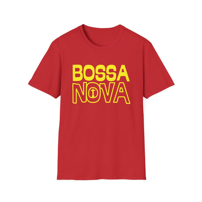 Red t-shirt with yellow "BOSSA NOVA" text featuring a small figure of Christ the Redeemer in the 'O'.