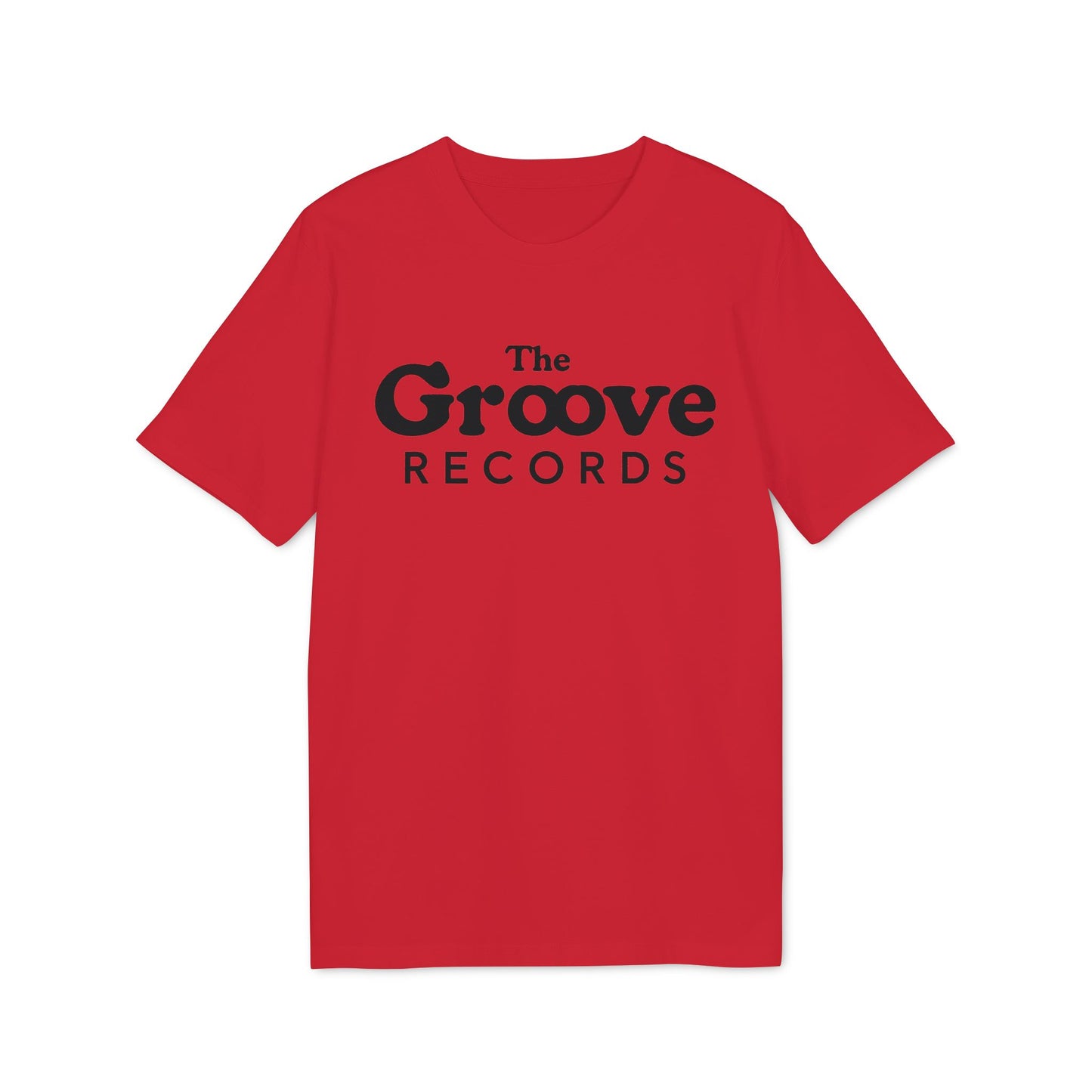 Red t-shirt with black "The Groove Records" logo.