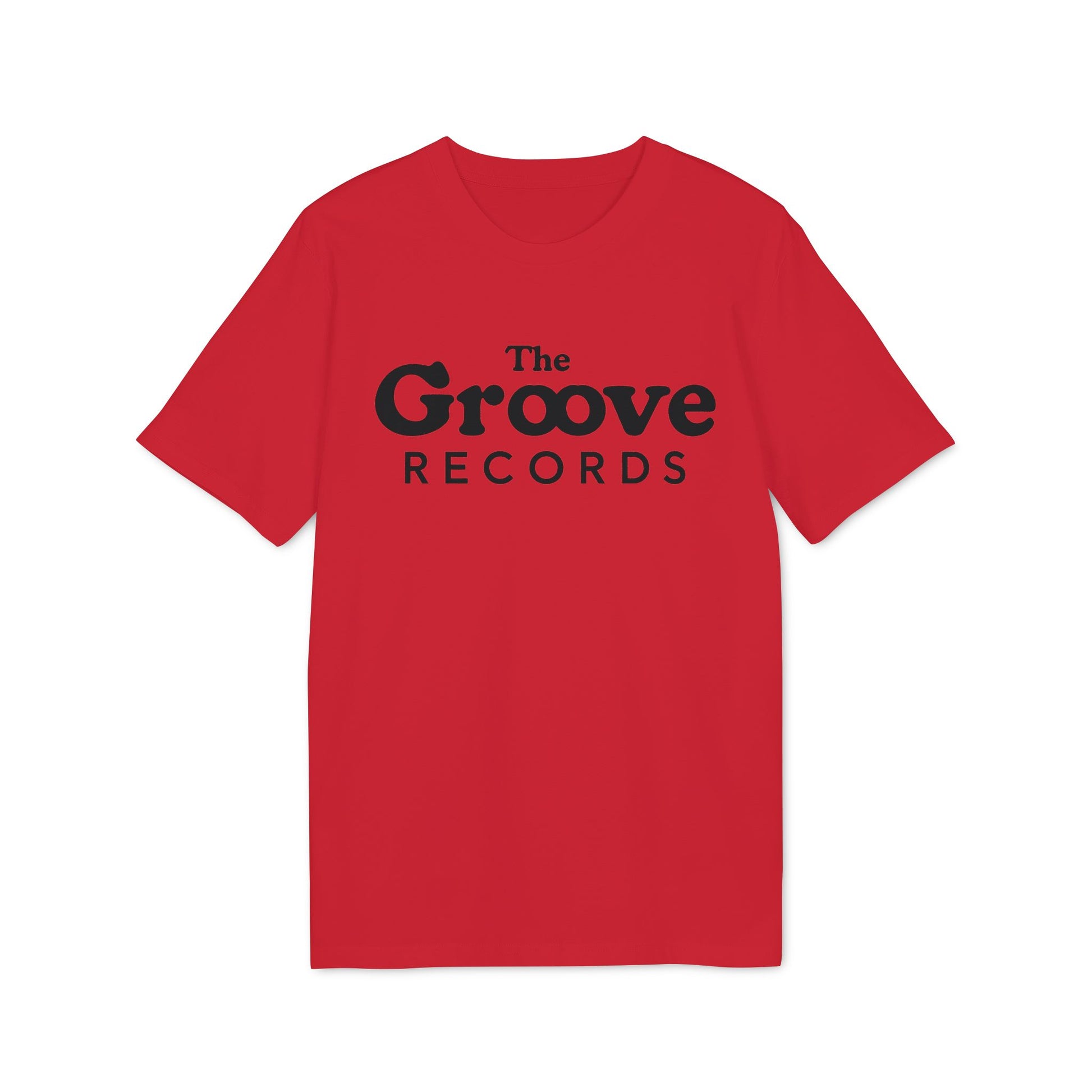 Red t-shirt with black "The Groove Records" logo.