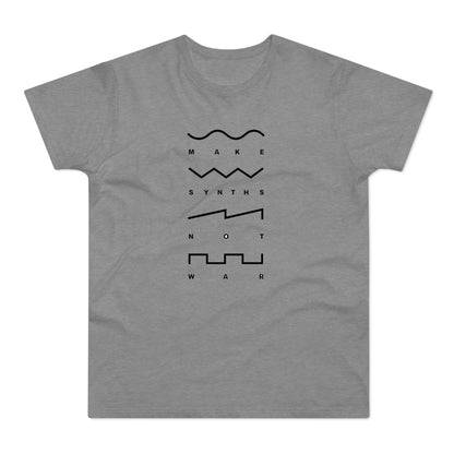 Grey t-shirt with black text and waveforms: Make Synths Not War.