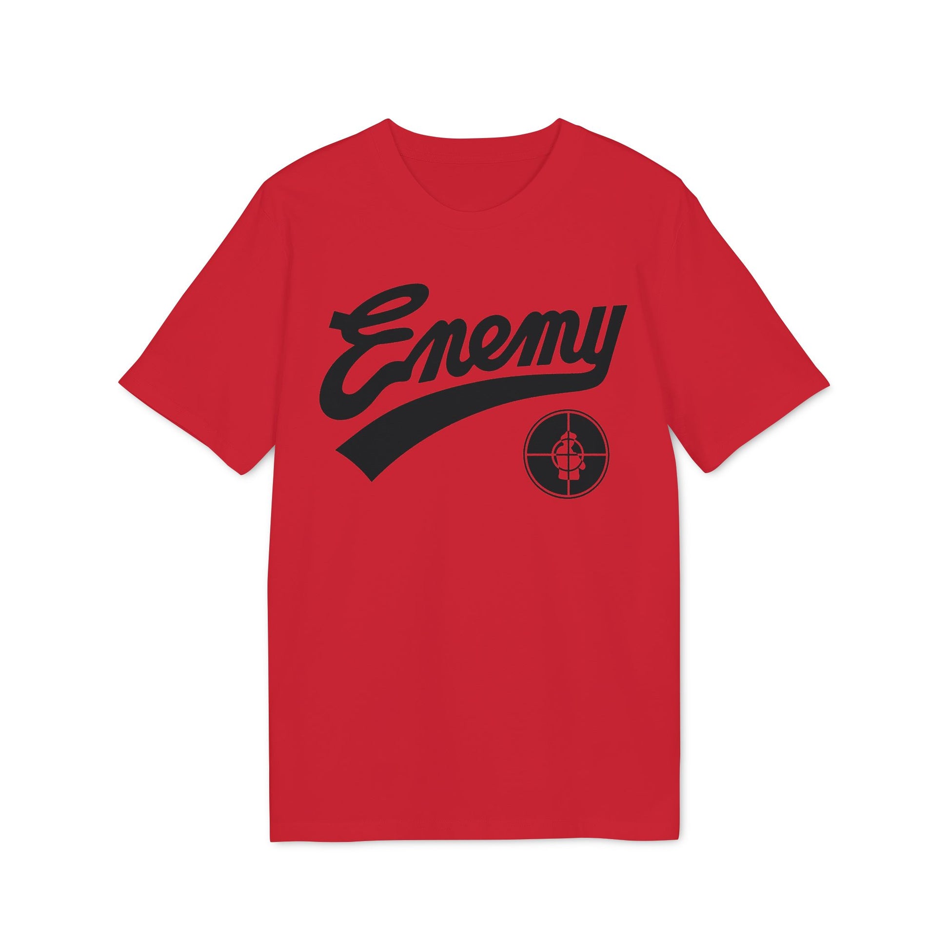 Red t-shirt with black "Enemy" text and target logo.