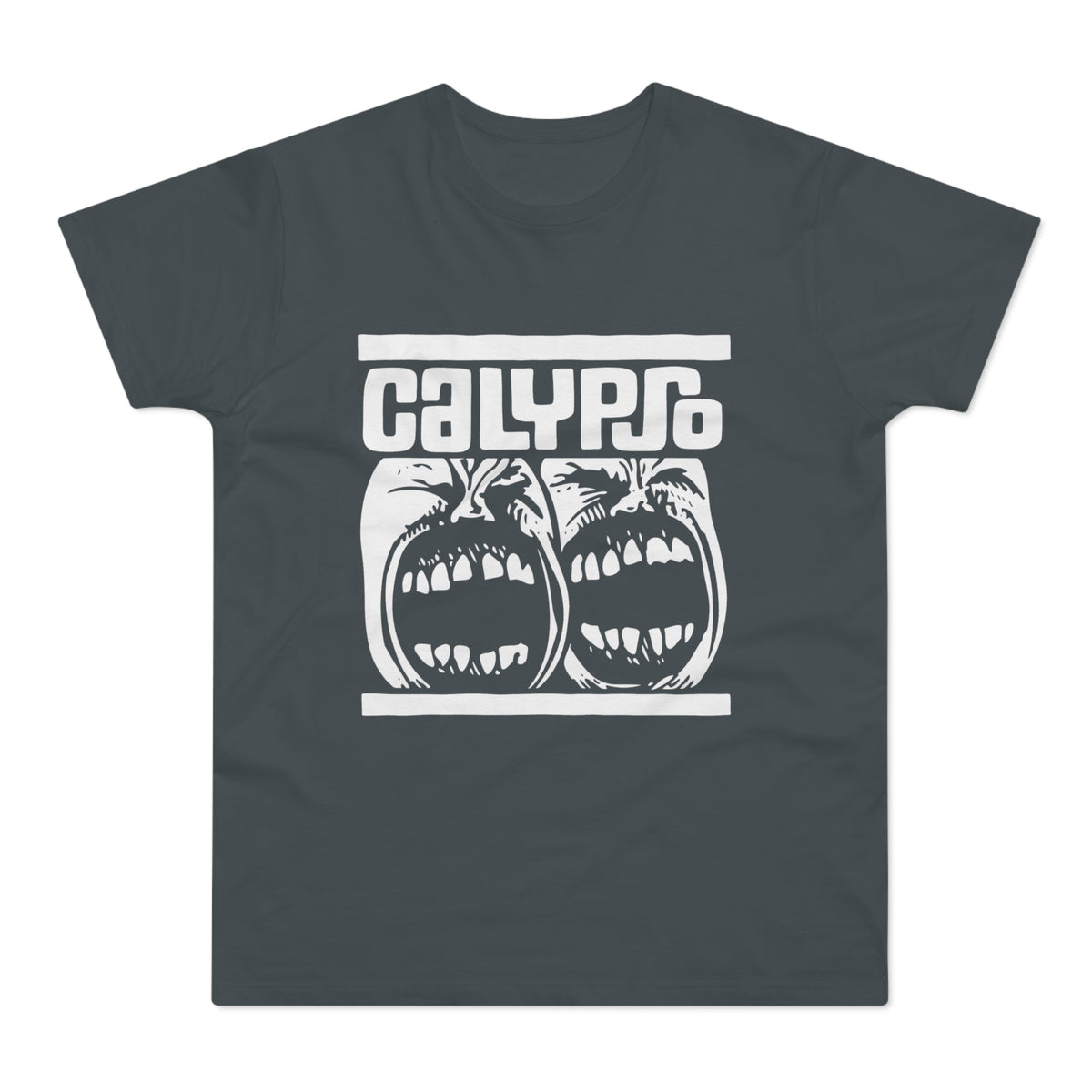 Dark t-shirt with white "CALYPSO" text and two screaming faces graphic.