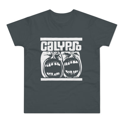 Dark t-shirt with white "CALYPSO" text and two screaming faces graphic.