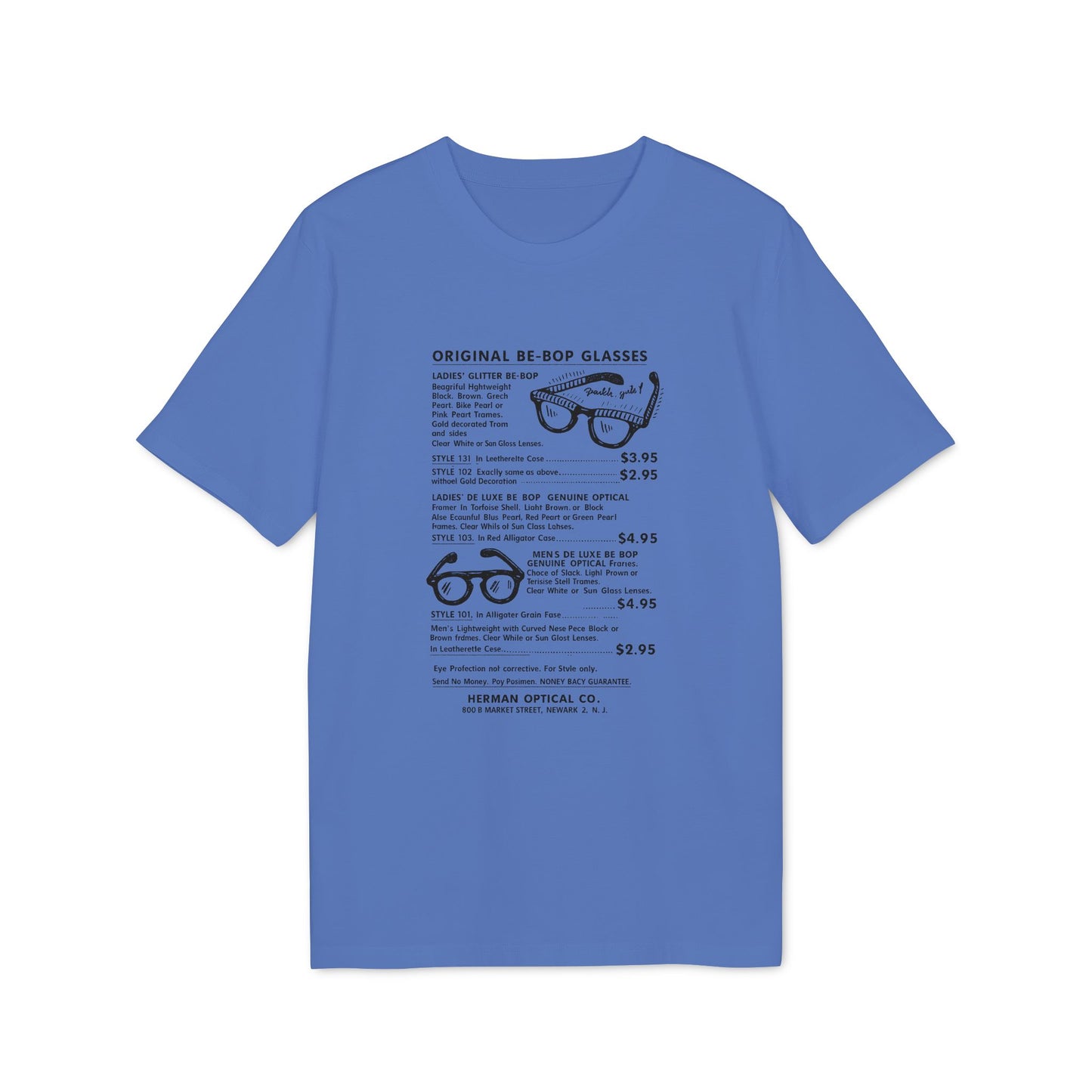 Blue t-shirt featuring an advertisement for Original Be-Bop glasses.
