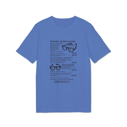 Blue t-shirt featuring an advertisement for Original Be-Bop glasses.