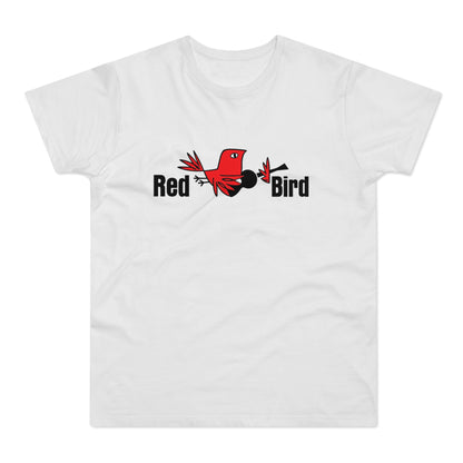 White t-shirt with red bird graphic and "Red Bird" text.