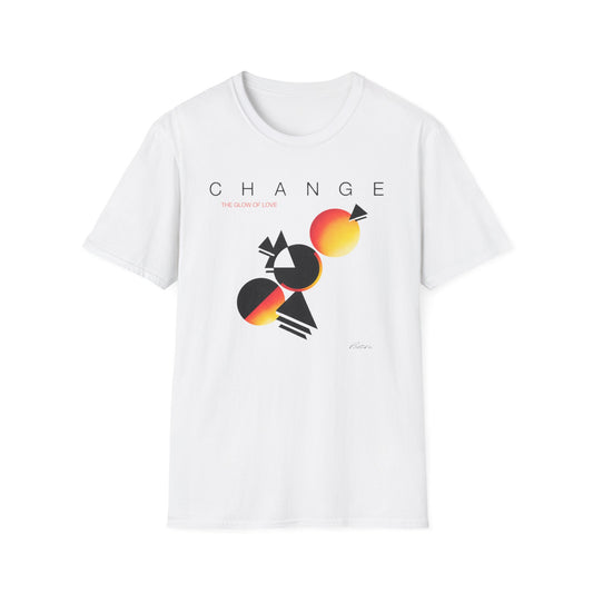 White t-shirt with "CHANGE" and abstract circles with gradient colors.