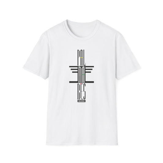 White t-shirt with a black graphic logo that reads "PAL RES" and "RECORDS" at the bottom.