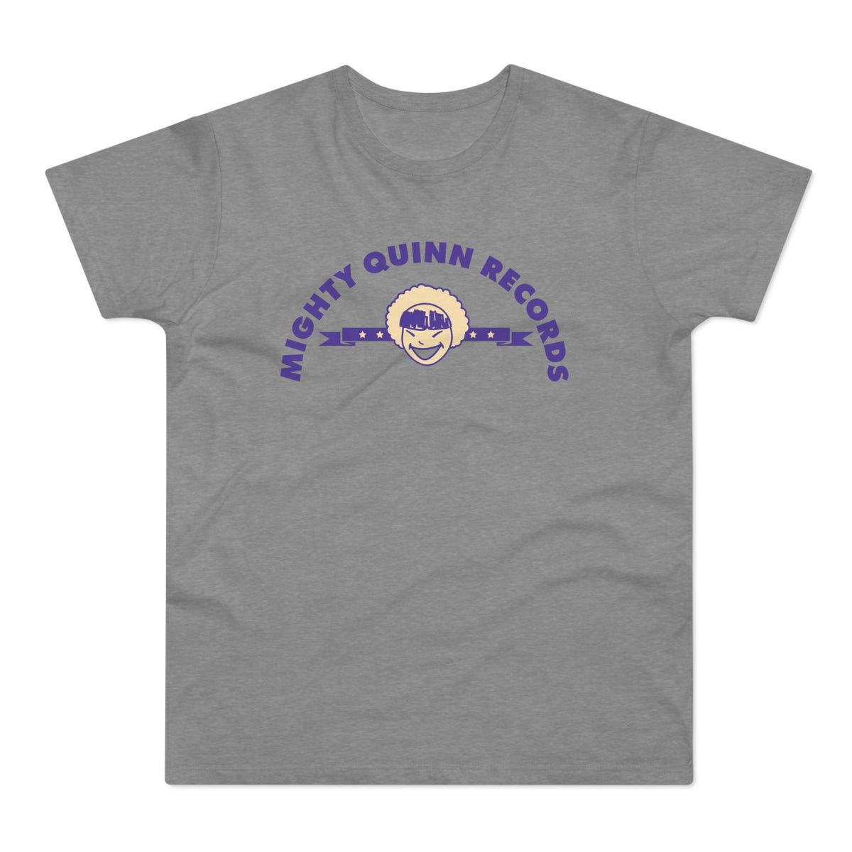 A grey t-shirt featuring the purple text Mighty Quinn Records arched above a smiling character.