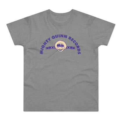 A grey t-shirt featuring the purple text Mighty Quinn Records arched above a smiling character.