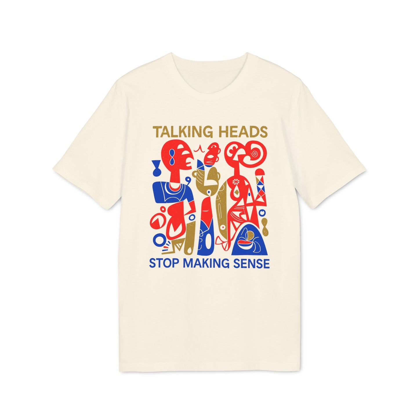 Talking Heads Stop Making Sense t-shirt with abstract art in red, blue, and gold.