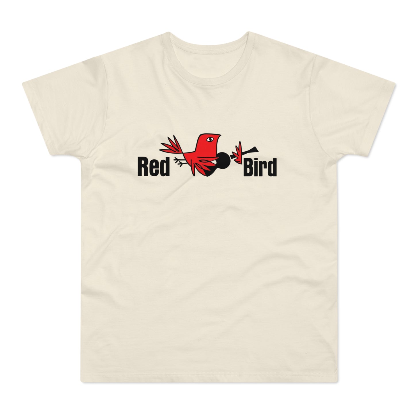 Cream t-shirt with "Red Bird" text and a red bird graphic.