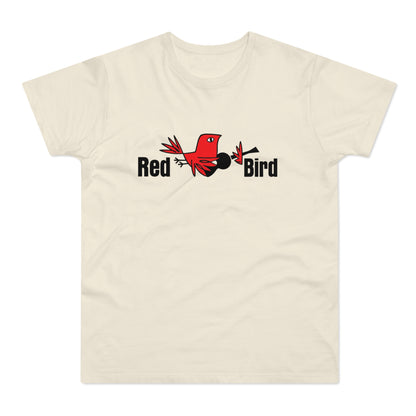 Cream t-shirt with "Red Bird" text and a red bird graphic.