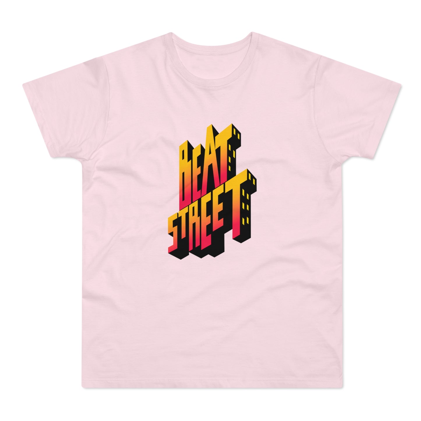 Pink t-shirt with 3D "HEAT STREET" lettering in yellow and red gradient.