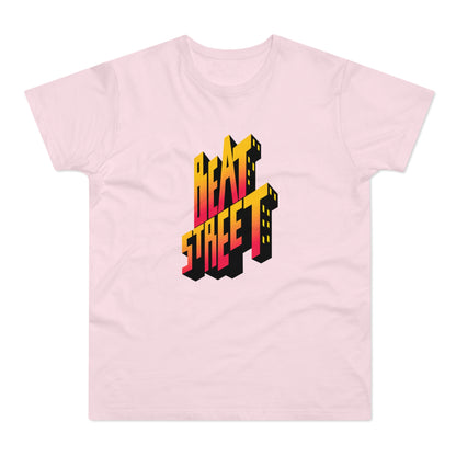 Pink t-shirt with 3D "HEAT STREET" lettering in yellow and red gradient.