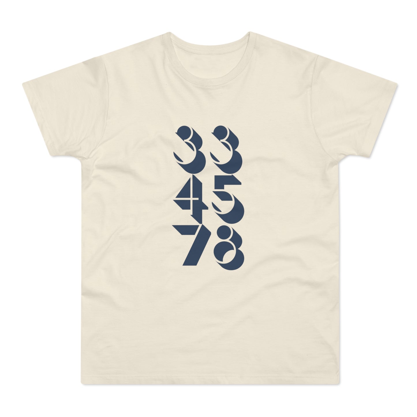 Cream t-shirt with navy blue abstract numbers 334578 design.
