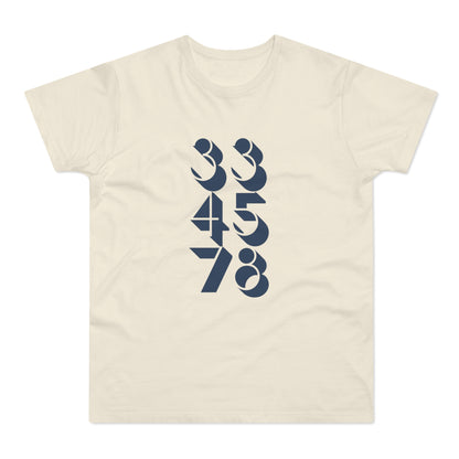 Cream t-shirt with navy blue abstract numbers 334578 design.