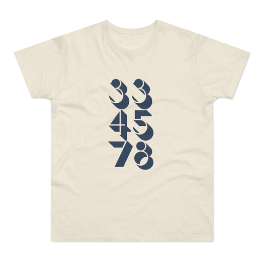 Cream t-shirt with navy blue abstract numbers 334578 design.