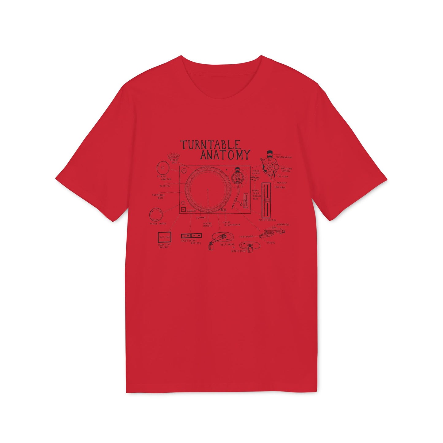 Red t-shirt with black line drawing of turntable anatomy and labels.