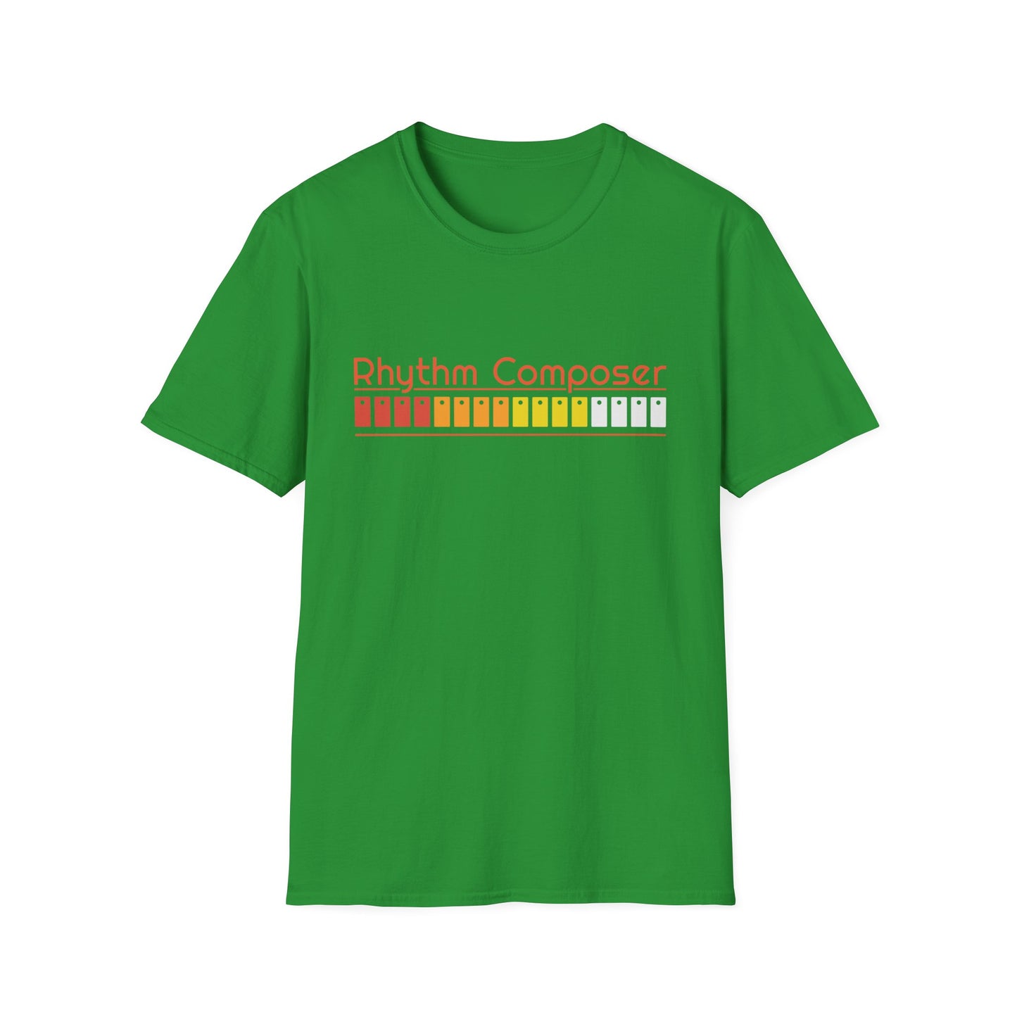 Green t-shirt with "Rhythm Composer" and a gradient bar of colored buttons.