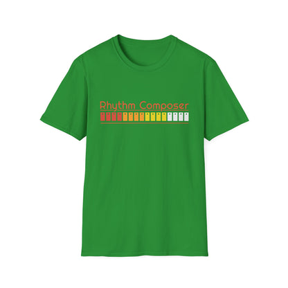 Green t-shirt with "Rhythm Composer" and a gradient bar of colored buttons.