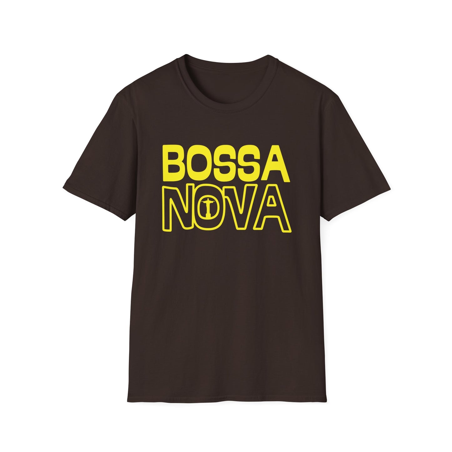 Brown t-shirt with yellow text that reads "BOSSA NOVA".
