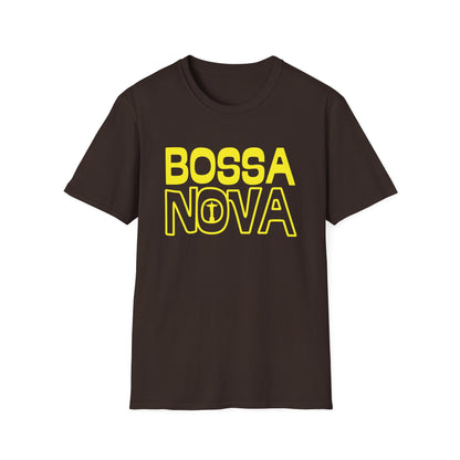 Brown t-shirt with yellow text that reads "BOSSA NOVA".
