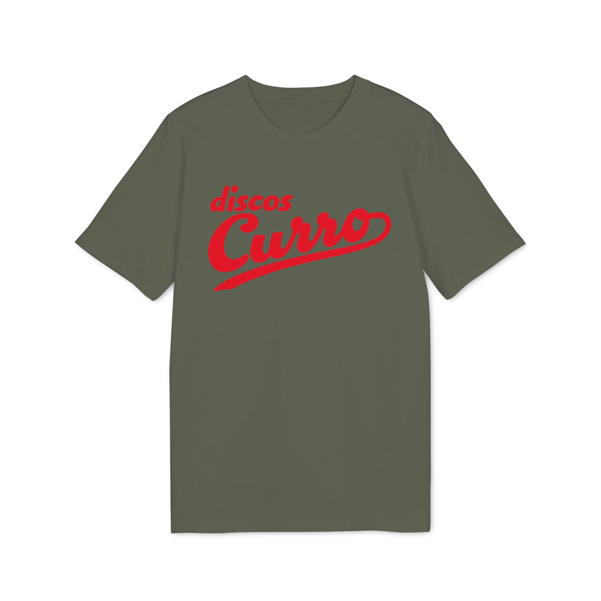 An olive green t-shirt with red retro-style typography reading Discos Curro centered on the chest.