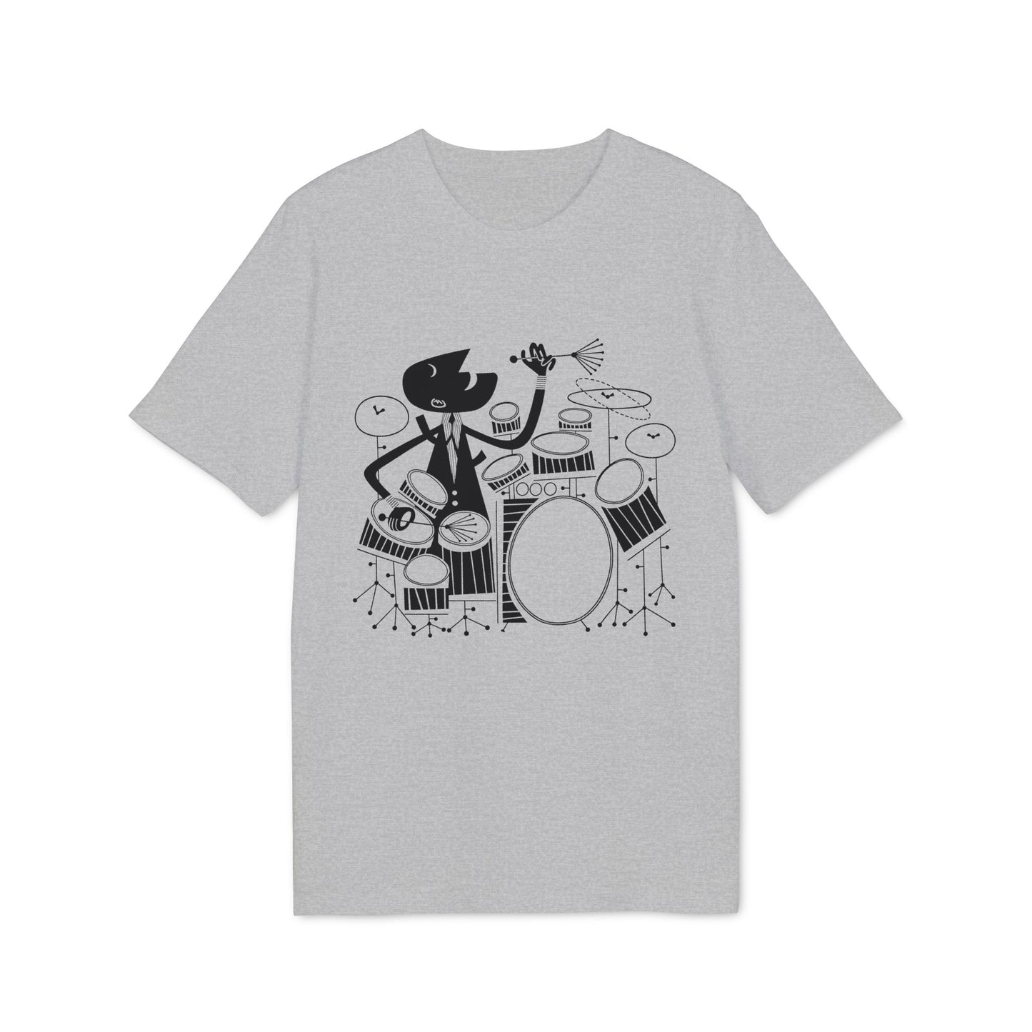 Black graphic of a character playing drums on a grey t-shirt.