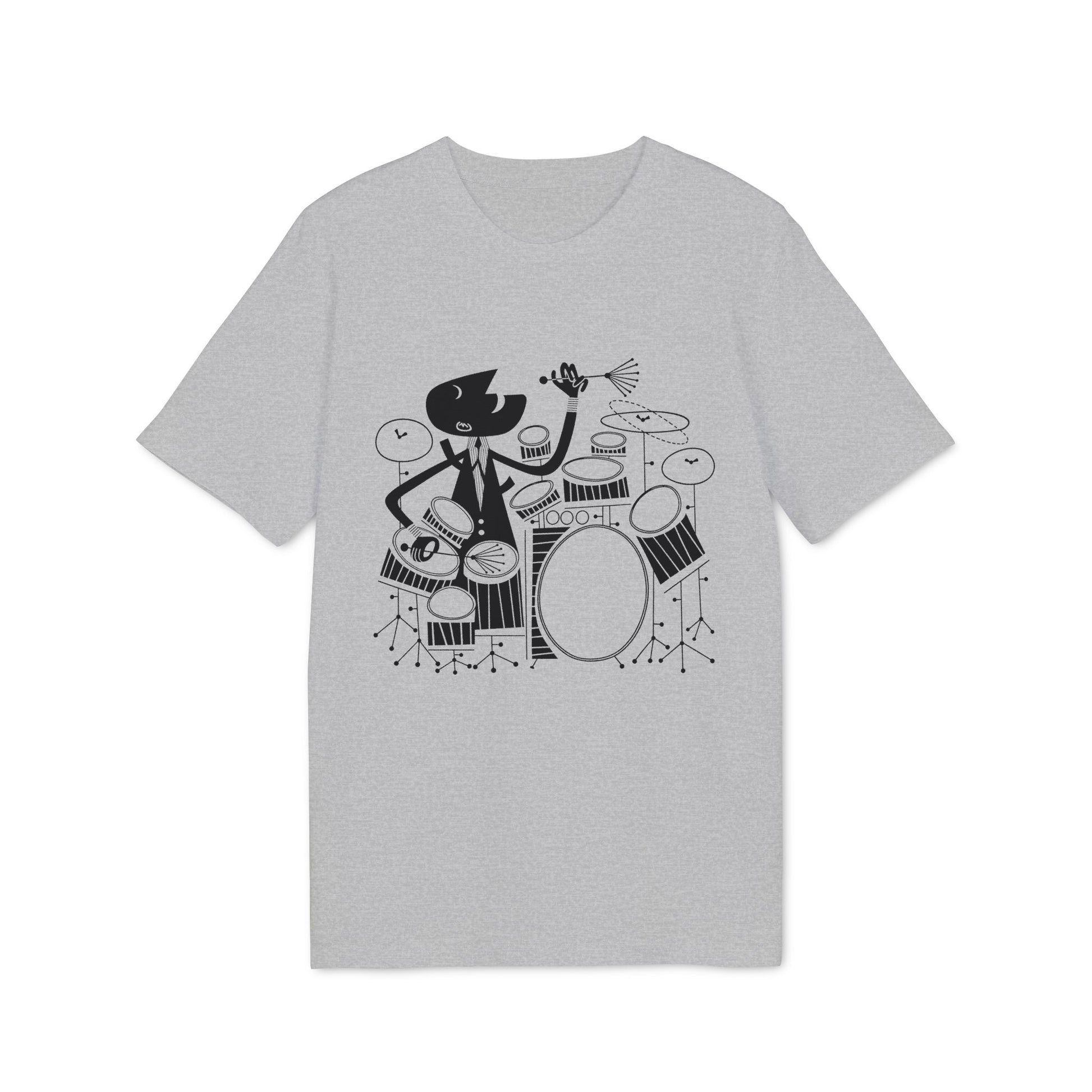 Black graphic of a character playing drums on a grey t-shirt.