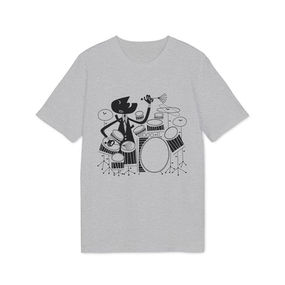 Black graphic of a character playing drums on a grey t-shirt.