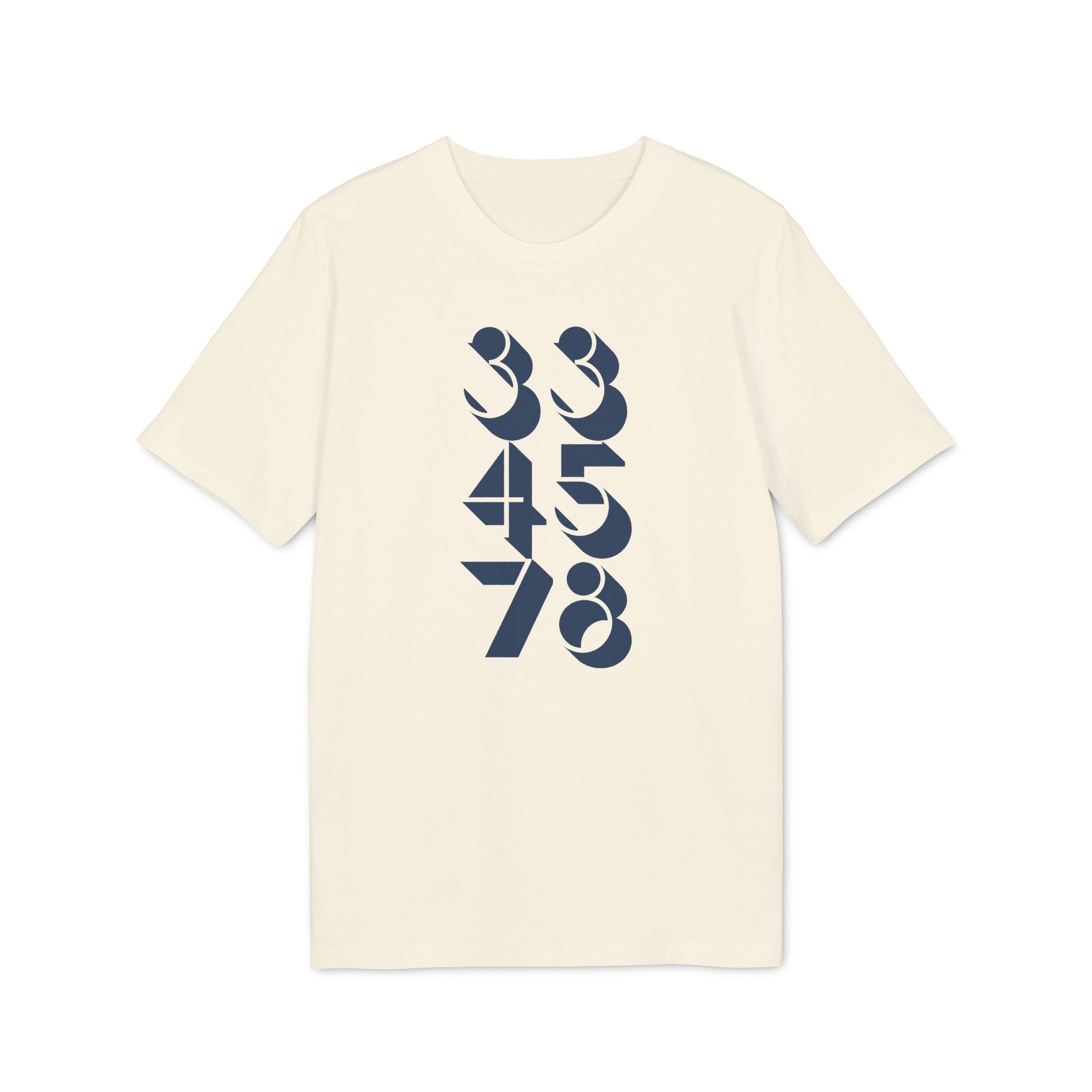 Cream t-shirt with abstract vertical numbers design in navy blue.