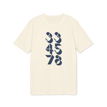 Cream t-shirt with abstract vertical numbers design in navy blue.