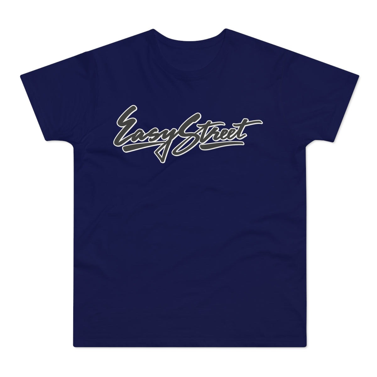 Navy t-shirt with "Easy Street" text graphic in grey and white.
